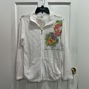 TOPPY Easy Fit White Floral Aloha Hawaii Cinch Zip Up Top Jacket SMALL Pre Loved